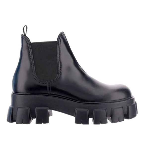 Prada Shoes - Prada Monolith Lug Sole Chelsea Boots in Black Brushed Leather Size 36